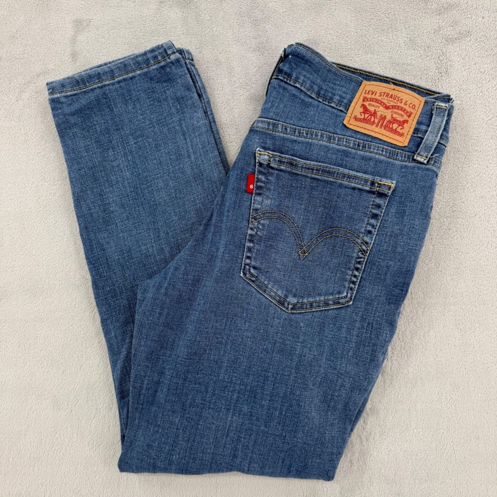 Levis 712 Slim Jeans Womens 27 x 27 Medium Wash Blue Denim Distressed Strech